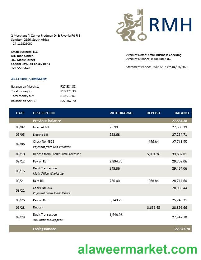 Rand Merchant Bank enterprise account statement Word and PDF template